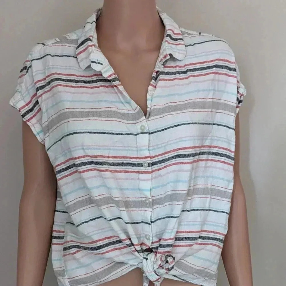Washable Linen Stripe Button Top Women's Large Tie Front Summer Beach Resort